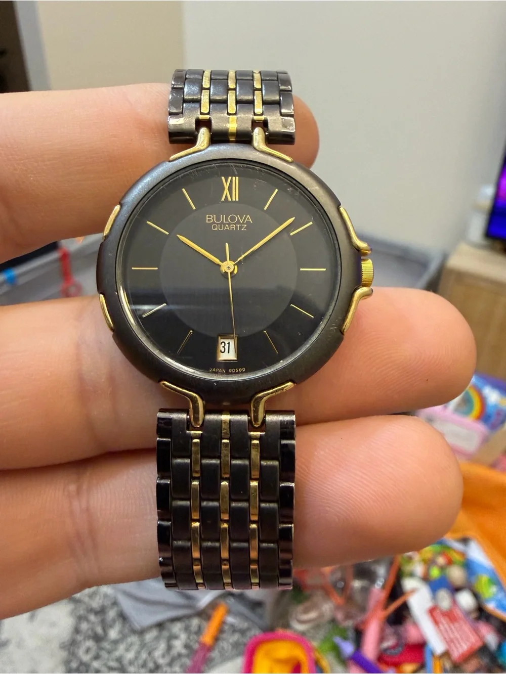 Vintage Bulova Women's Two-Tone Dress Watch Black Geometric Dial Date 60-10 32mm